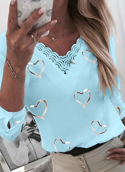 Ladies Fashion Heart Print V Neck T-Shirt