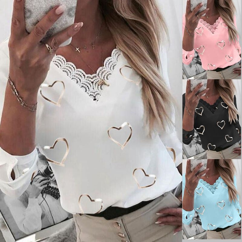 Ladies Fashion Heart Print V Neck T-Shirt