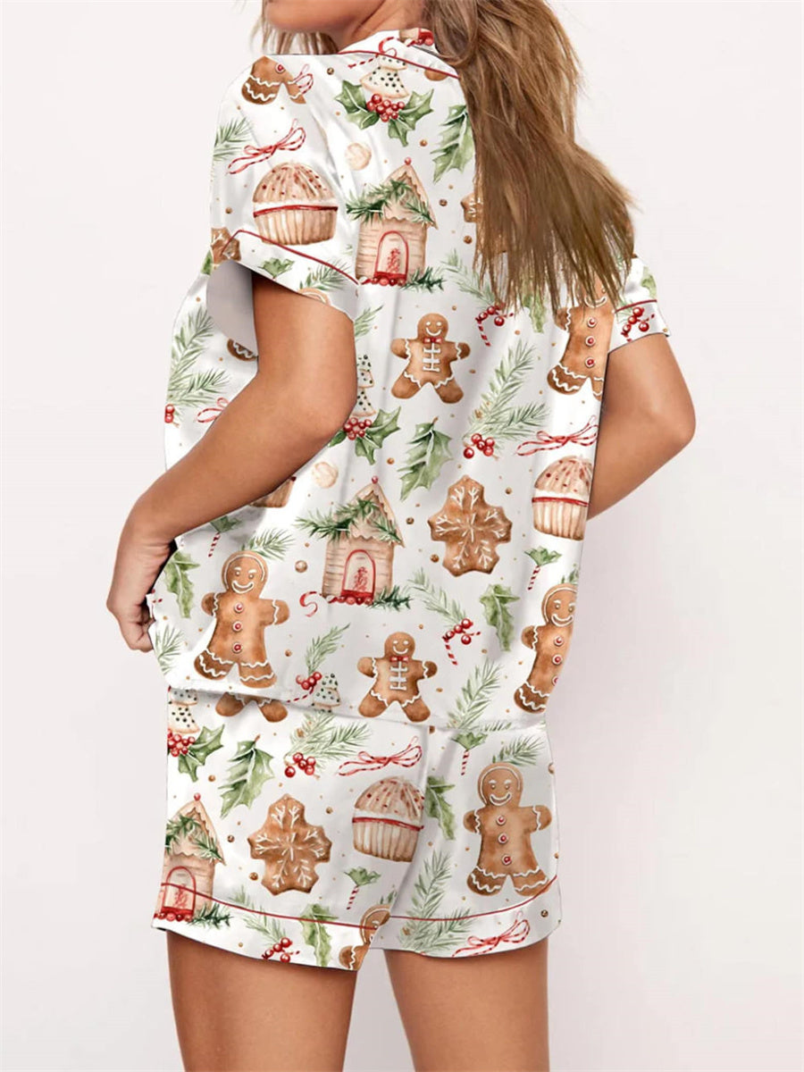 2024 Women Christmas Pajama Set Nutcracker Printed Short Sleeve Button Shirt and Shorts 2 Piece Lounge Sleepwear