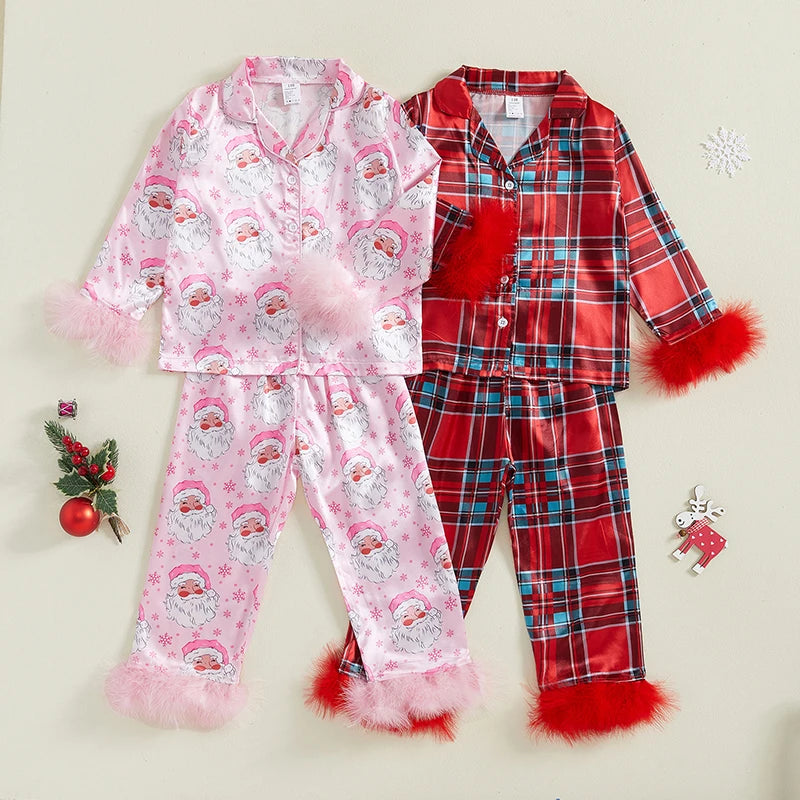 Toddler Kids Girl Christmas Pajamas Sets Satin Santa Claus/Plaid Print Long Sleeve Feather Trim