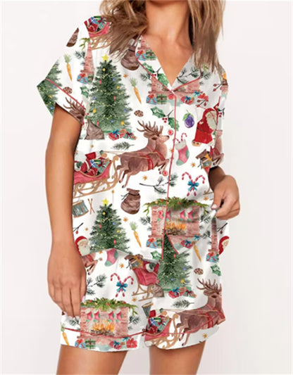 2024 Women Christmas Pajama Set Nutcracker Printed Short Sleeve Button Shirt and Shorts 2 Piece Lounge Sleepwear