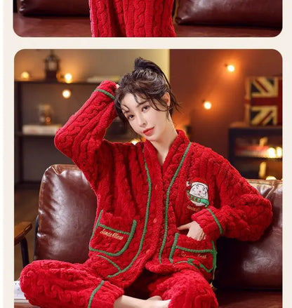 Christmas V-Neck Women's Flannel Thick Pajamas