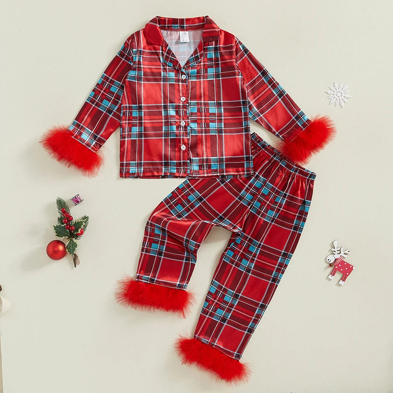 Toddler Kids Girl Christmas Pajamas Sets Satin Santa Claus/Plaid Print Long Sleeve Feather Trim