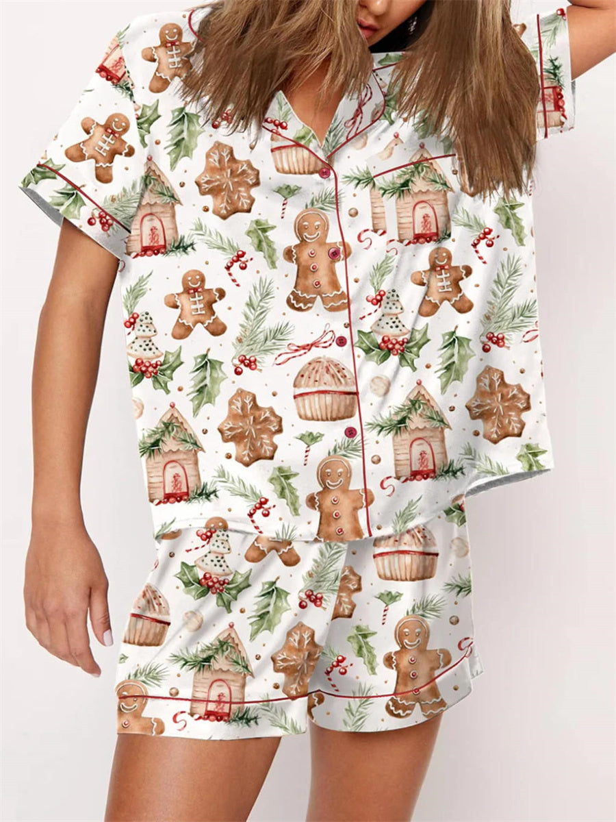 2024 Women Christmas Pajama Set Nutcracker Printed Short Sleeve Button Shirt and Shorts 2 Piece Lounge Sleepwear