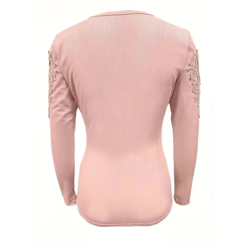 Women's Top Round Neck Button Slim Fit Long Sleeve T-shirt