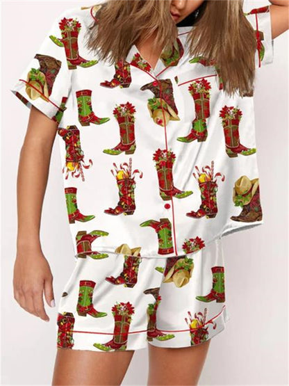 2024 Women Christmas Pajama Set Nutcracker Printed Short Sleeve Button Shirt and Shorts 2 Piece Lounge Sleepwear