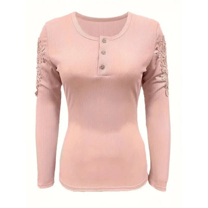 Women's Top Round Neck Button Slim Fit Long Sleeve T-shirt