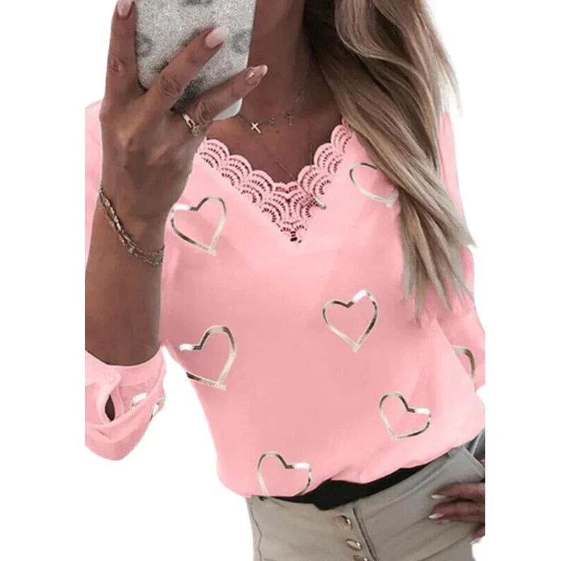 Ladies Fashion Heart Print V Neck T-Shirt