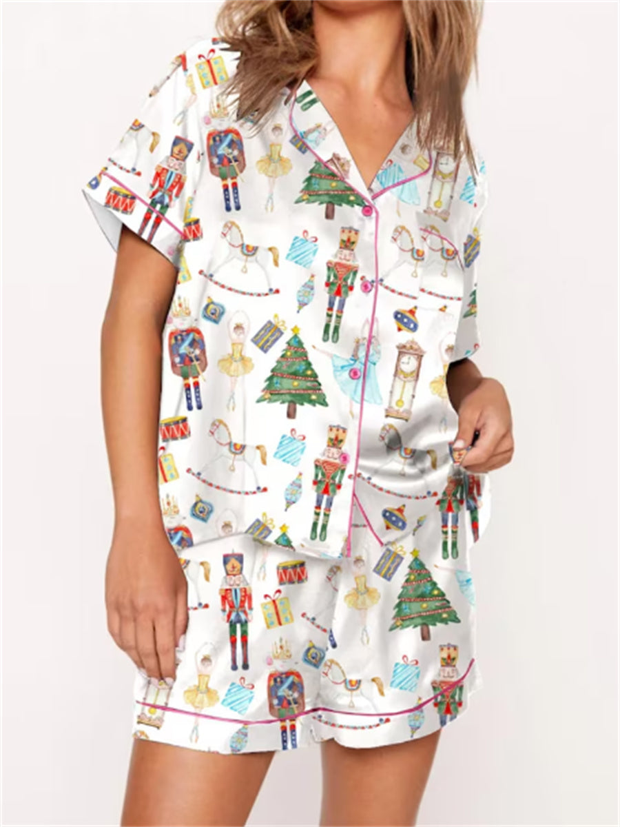 2024 Women Christmas Pajama Set Nutcracker Printed Short Sleeve Button Shirt and Shorts 2 Piece Lounge Sleepwear