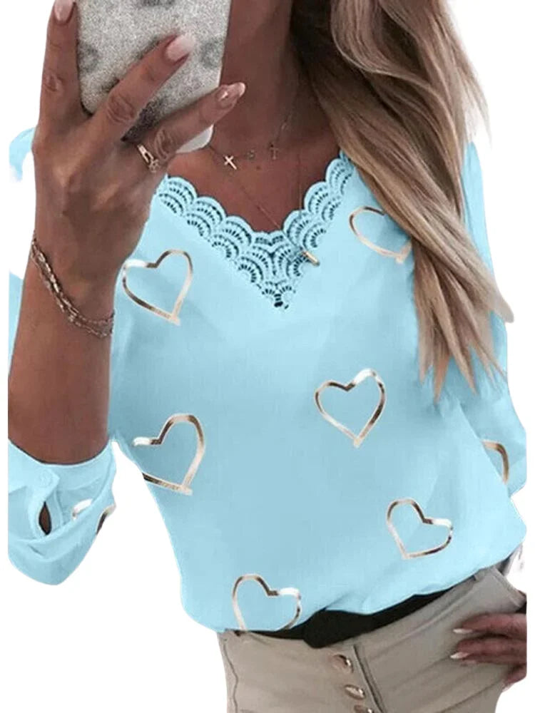 Ladies Fashion Heart Print V Neck T-Shirt