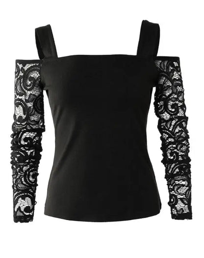 Sexy Tee Contrast Lace Cutout Long Sleeve Top