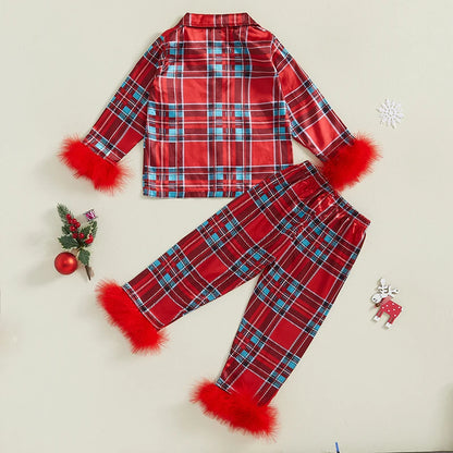 Toddler Kids Girl Christmas Pajamas Sets Satin Santa Claus/Plaid Print Long Sleeve Feather Trim