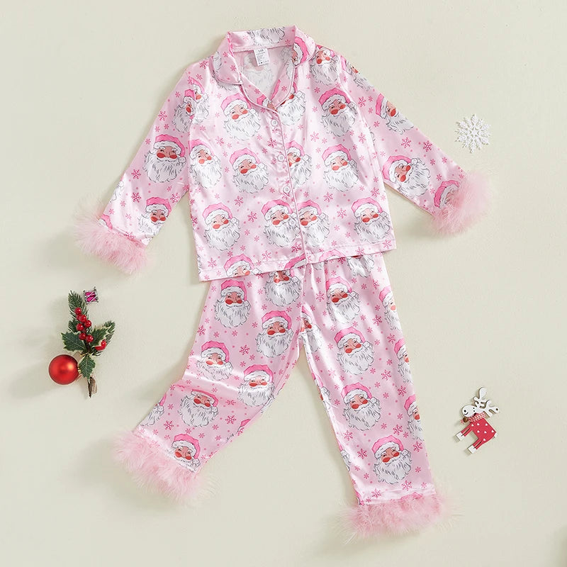 Toddler Kids Girl Christmas Pajamas Sets Satin Santa Claus/Plaid Print Long Sleeve Feather Trim