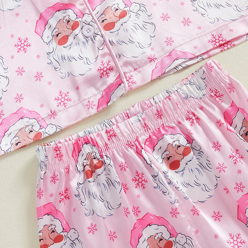 Toddler Kids Girl Christmas Pajamas Sets Satin Santa Claus/Plaid Print Long Sleeve Feather Trim