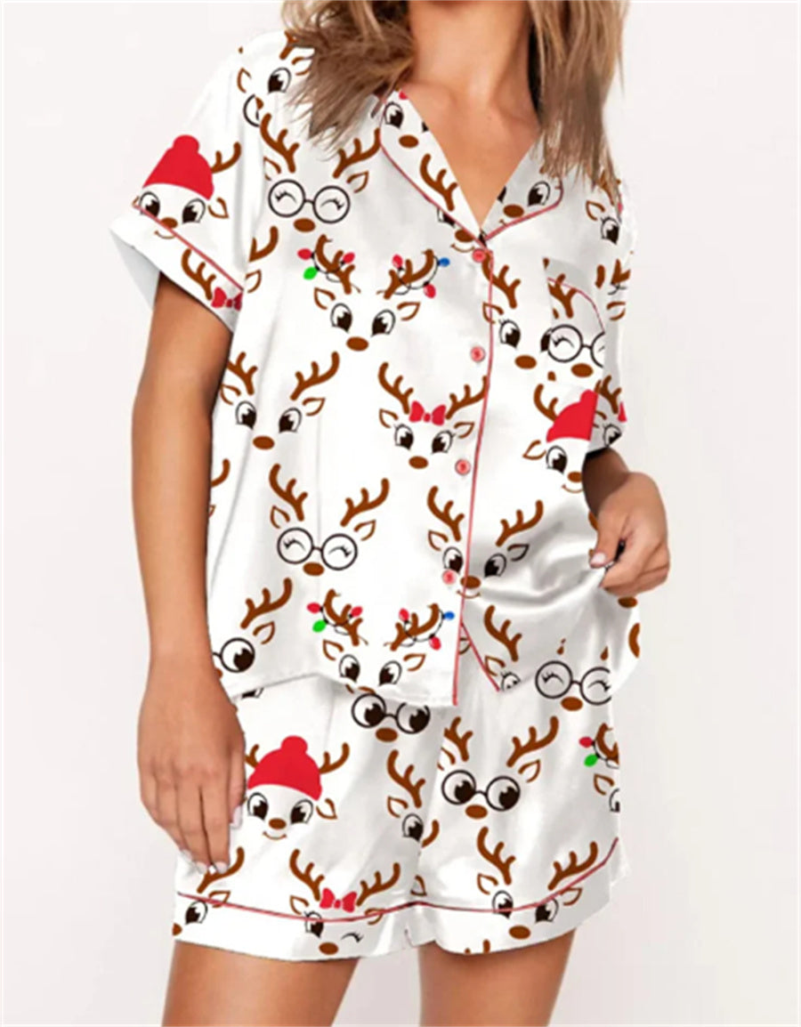 2024 Women Christmas Pajama Set Nutcracker Printed Short Sleeve Button Shirt and Shorts 2 Piece Lounge Sleepwear