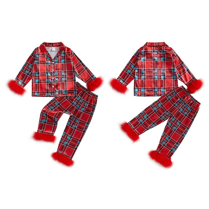 Toddler Kids Girl Christmas Pajamas Sets Satin Santa Claus/Plaid Print Long Sleeve Feather Trim