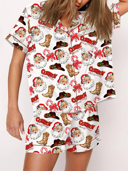 2024 Women Christmas Pajama Set Nutcracker Printed Short Sleeve Button Shirt and Shorts 2 Piece Lounge Sleepwear