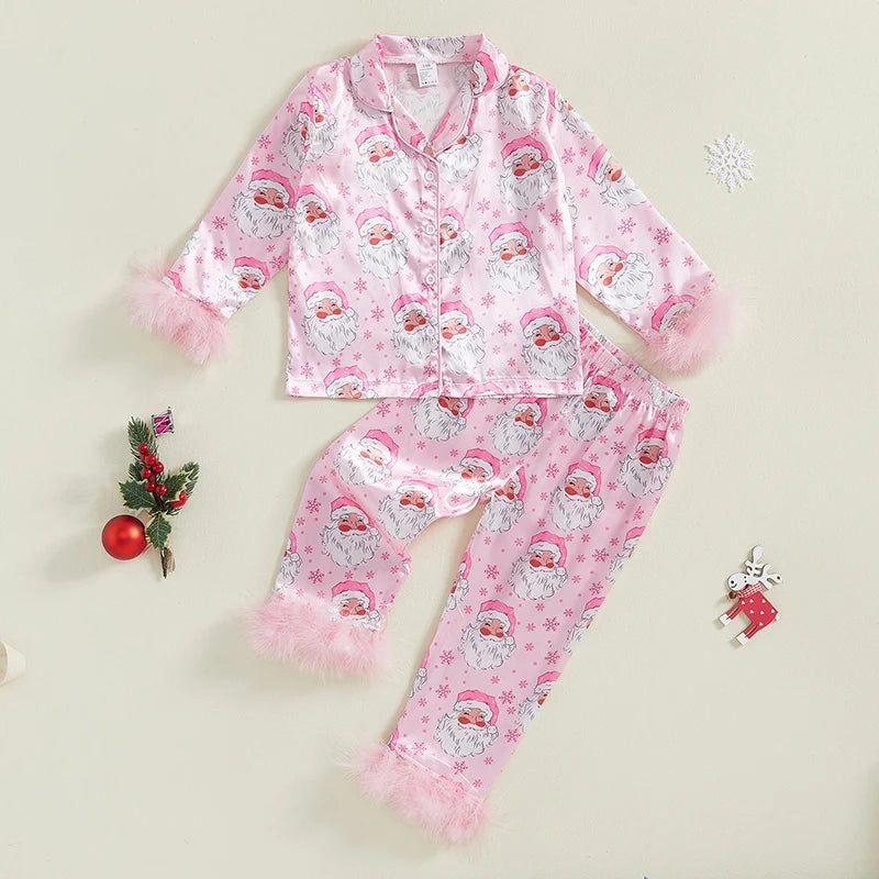 Toddler Kids Girl Christmas Pajamas Sets Satin Santa Claus/Plaid Print Long Sleeve Feather Trim