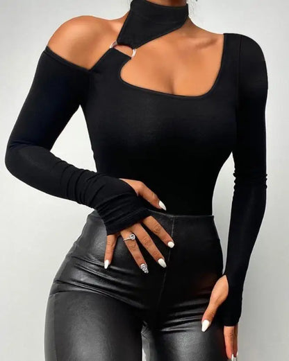 Sexy Tee Contrast Lace Cutout Long Sleeve Top