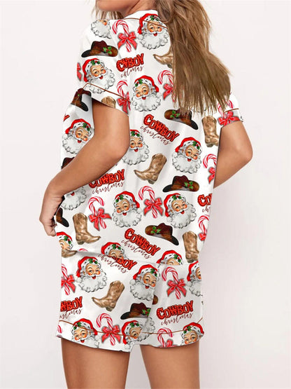 2024 Women Christmas Pajama Set Nutcracker Printed Short Sleeve Button Shirt and Shorts 2 Piece Lounge Sleepwear